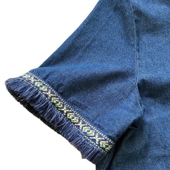 HL Design Fringed Denim Chambray Shirt Ribbon Trim Short Sleeves Vintage 90s - Picture 3 of 8